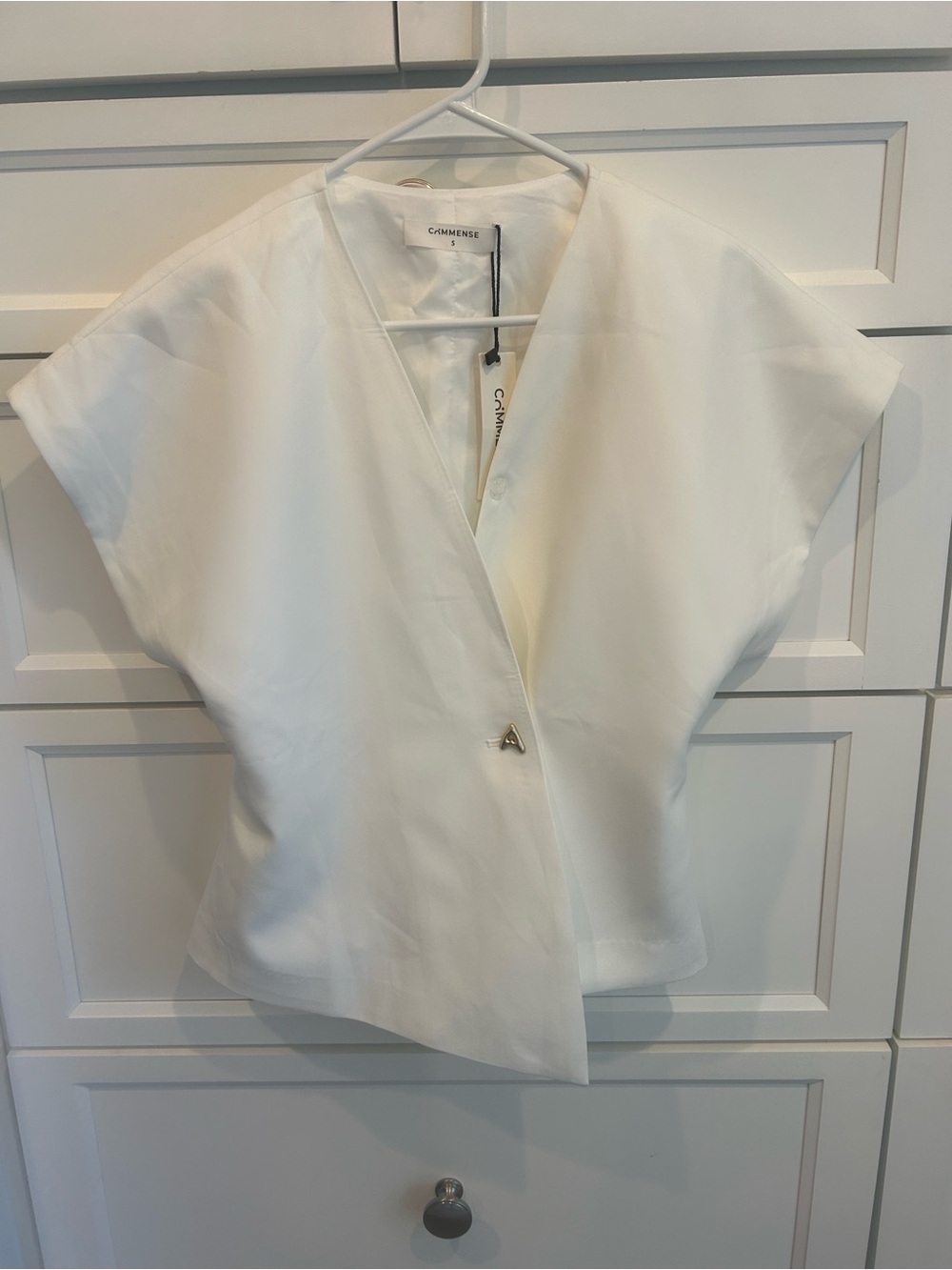 Commense White Asymmetrical Gold Button Top